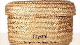  Presentation with lid - Slide deck with decorative empty wicker basket with lid isolated on white background and a coral colored foreground