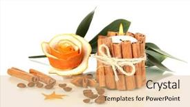  Presentation with orange peel isolated - Audience pleasing slide set consisting of decorative rose from dry orange peel and burning candle isolated on white backdrop and a coral colored foreground