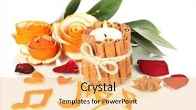  Presentation with orange peel isolated - Presentation design with decorative rose from dry orange peel and burning candle isolated on white background and a yellow colored foreground