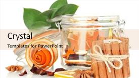  Presentation with orange peel isolated - PPT theme with decorative rose from dry orange peel in glass vase and burning candle isolated on white background and a coral colored foreground