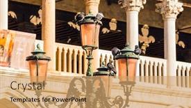  Presentation with street lamps - Cool new slide deck with decorative-street-lamps-and-facade backdrop and a coral colored foreground