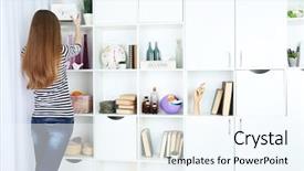  Presentation with closet - PPT theme featuring decorative things - woman looking for something background and a cool aqua colored foreground