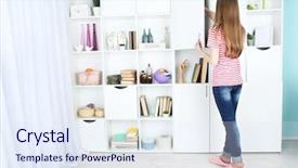  Presentation with closet - Slide set having decorative things - woman looking for something background and a sky blue colored foreground