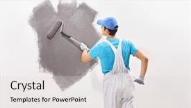  Presentation with rear view of bodyguard - Colorful presentation design enhanced with decorator in white overalls painting backdrop and a light gray colored foreground