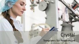  Presentation with manufacturing process - Colorful slide deck enhanced with dedicated female engineer writing backdrop and a light gray colored foreground