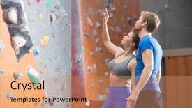  Presentation with business man climbs up to the top of 3d success stairs steps - Slide set enhanced with dedicated man shouting by climbing background and a coral colored foreground