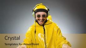  Presentation with listening - Presentation design consisting of deejay - man wearing yellow suit listening background and a  colored foreground