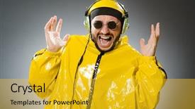  Presentation with listening - PPT theme having deejay - man wearing yellow suit listening background and a  colored foreground