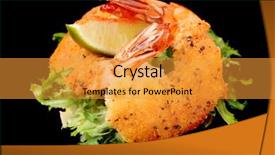  Presentation with shrimps - PPT theme having deep fried shrimps with lettuce isolated on pure black background background and a gold colored foreground