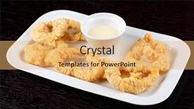  Presentation with deep - Amazing theme having deep-fried squid with sauce at white plate backdrop and a yellow colored foreground