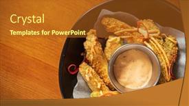  Presentation with deep - Audience pleasing slide deck consisting of deep-fried-vegetables-with-sauce backdrop and a tawny brown colored foreground