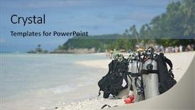  Presentation with equipment - Slides having deep sea divers - diving equipment on tropical beach background and a light blue colored foreground