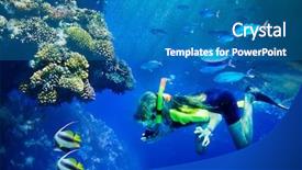  Presentation with blue water - Colorful theme enhanced with deep sea divers - group of coral fish backdrop and a teal colored foreground