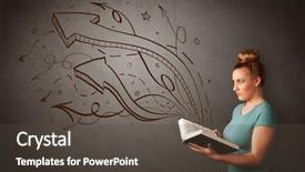  Presentation with 5 stars five star rating - PPT layouts having deep thinking - casual young woman holding book background and a dark gray colored foreground