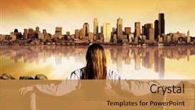  Presentation with cheerful stylish city girl using - Presentation theme featuring deep thinking - girl looking at the city background and a gold colored foreground