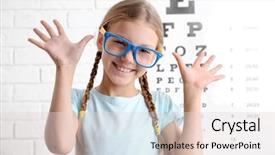  Presentation with test - Amazing PPT layouts having defects eye - little girl with spectacles backdrop and a sky blue colored foreground