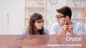  Presentation with medical students - Colorful slides enhanced with defective human - two medical students studying backdrop and a coral colored foreground