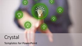  Presentation with light - Beautiful presentation theme featuring defective human - woman hand pressing light bulp backdrop and a light gray colored foreground