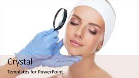  Presentation with magnifying glass - Slide deck featuring defects - face of young and beautiful background and a coral colored foreground