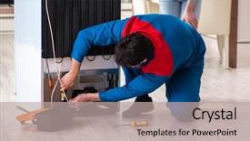  Presentation with customer service reporting - PPT layouts consisting of defects - man repairing fridge with customer background and a mint green colored foreground