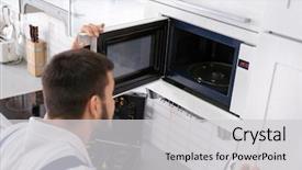  Presentation with kitchen - Amazing PPT theme having defects - young man repairing microwave oven backdrop and a light gray colored foreground