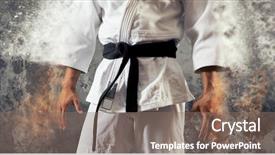  Presentation with judo - PPT theme having defence - guy poses in white kimono background and a violet colored foreground
