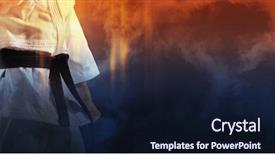  Presentation with judo - Audience pleasing slides consisting of defence - guy poses in white kimono backdrop and a wine colored foreground