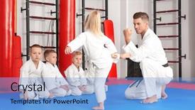  Presentation with children training on computers - Beautiful slides featuring defence - male karate instructor training little backdrop and a light blue colored foreground