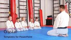  Presentation with karate - Beautiful PPT layouts featuring defence - male karate instructor with little backdrop and a light blue colored foreground