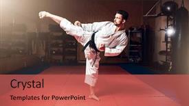  Presentation with martial arts - Amazing PPT theme having defence - martial arts man in white backdrop and a coral colored foreground