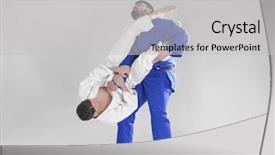  Presentation with martial arts - Slide set featuring defence - young sporty men practicing martial background and a light gray colored foreground