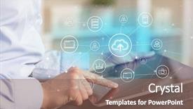  Presentation with network security - Presentation design having defend - business woman using tablet background and a  colored foreground