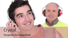  Presentation with ear - Presentation design consisting of ear defenders - young man's earmuffs background and a coral colored foreground