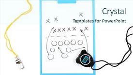  Presentation with assorted sports equipment including - Theme having defensive tactics - clipboard with sports equipment isolated background and a  colored foreground