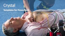  Presentation with resuscitation - Theme consisting of electric waveform - paramedic examining a patient background and a teal colored foreground