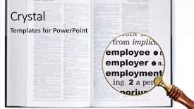  Presentation with dictionary - Amazing PPT theme having definition recruitment - magnifying glass held backdrop and a white colored foreground