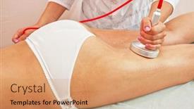  Presentation with hip - Slide deck enhanced with defocused pronounced background of procedure for women hip against cellulite and fat background and a coral colored foreground