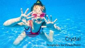  Presentation with swimming beautiful girl swims underwater - Slide set featuring deftly swim underwater in pool background and a cyan colored foreground