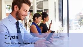  Presentation with tablets wood table tablet white - Audience pleasing slide set consisting of degital book - businessman using digital tablet backdrop and a light blue colored foreground