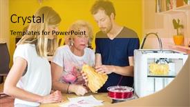  Presentation with product - Slide set having degradation - 3d designers discussing and examining background and a gold colored foreground