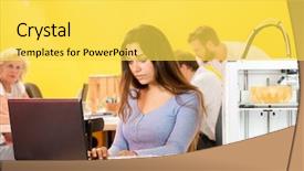  Presentation with studio - Beautiful presentation design featuring degradation - young female designer using laptop backdrop and a yellow colored foreground