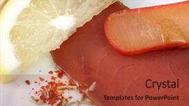  Presentation with quality of fish feeds - Cool new slide deck with dehidration - slices of dried fish lemon backdrop and a  colored foreground