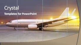  Presentation with landing plane at an airport - Colorful presentation theme enhanced with deicing - white plane in airport backdrop and a ocean colored foreground