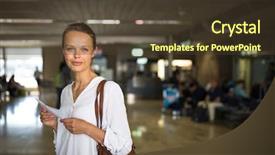  Presentation with worried young female college student - PPT theme with delay information - young female passenger background and a tawny brown colored foreground