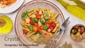  Presentation with leaves flat lay - Presentation with delectable-plate-of-italian-pasta background and a coral colored foreground
