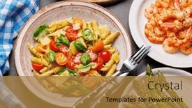  Presentation with leaves flat lay - Theme enhanced with delectable-plate-of-italian-pasta background and a gold colored foreground