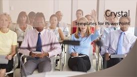  Presentation with business culture - Cool new slide set with delegate asking question at business backdrop and a coral colored foreground