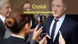  Presentation with press - Presentation theme featuring delegate in formalwear answering questions background and a tawny brown colored foreground