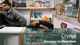  Presentation with customers - Amazing slides having delhi-february-5-sleeping-salesman backdrop and a  colored foreground