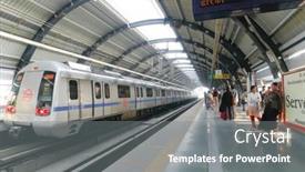  Presentation with metro train - Amazing presentation design having delhi-september-18-passengers-waiting backdrop and a gray colored foreground